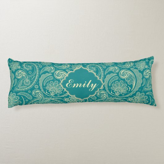 Blaugrün und Beige Creme Vintag Paisley Seitenschläferkissen (Rückseite)