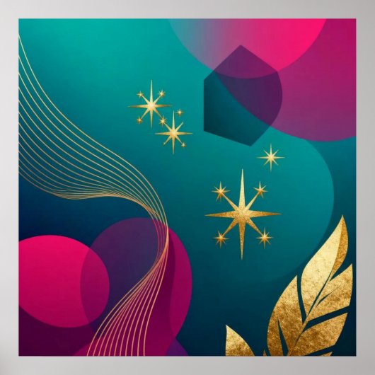 Blaugrün und Fuchsia Moderne Abstraktion mit golde Poster (Vorne)