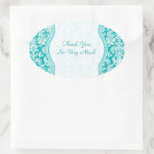 Blaugrün und Weiß-Damaskus-Muster Ovaler Aufkleber (Tasche)