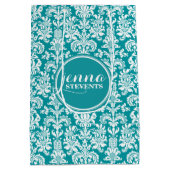 Blaugrün und Weiß Vintage Damasken Mittlere Geschenktüte (Rückseite)