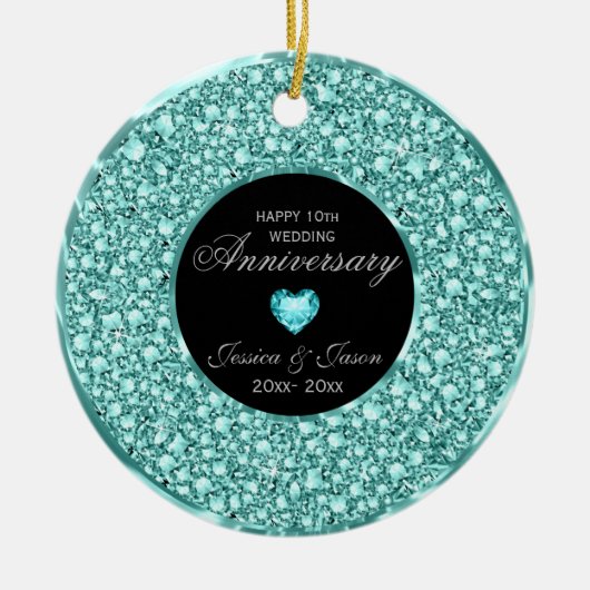 Blaugrün und weiße Diamanten Silberherz Keramik Ornament (Vorne)