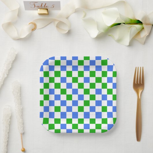Blaugrün-weiß kariertes Muster Pappteller (Hochzeit)