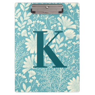 Blaugrün-weißes vintage-blumenmuster-monogramm klemmbrett