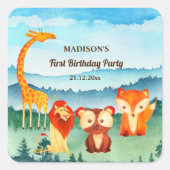 Blaugrün zum Geburtstag von Waldtieren Quadratischer Aufkleber (Vorderseite)