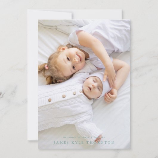 Blaugrün, zwei Fotos Geburt Ankündigung (Rückseite)