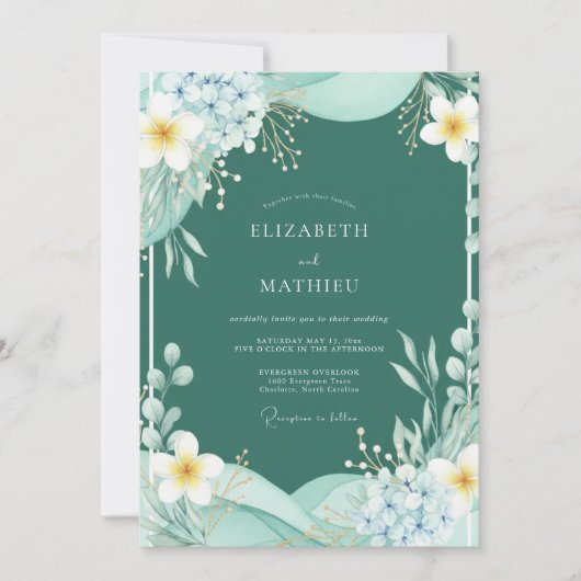 Blaugrüne Aquarell-Botanical-Hochzeit Einladung (Vorderseite)