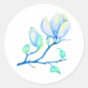 Blaugrüne Aquarell-Magnolien-Zweig Botanik Runder Aufkleber