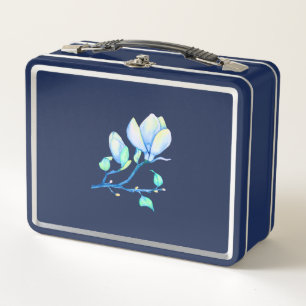 Blaugrüne Aquarell-Magnolienzweig Botanik Metall Brotdose