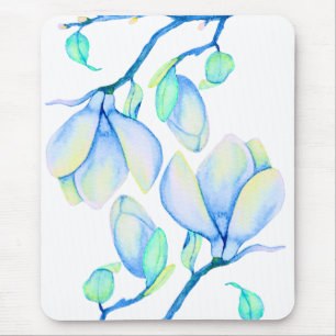 Blaugrüne Aquarell-Magnolienzweig Botanik Mousepad