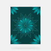 Blaugrüne Blättchen-Mandala-Design auf Dunkelcyan Acrylschild (Vorderseite)