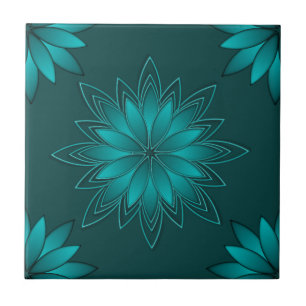 Blaugrüne Blättchen-Mandala-Design auf Dunkelcyan Fliese