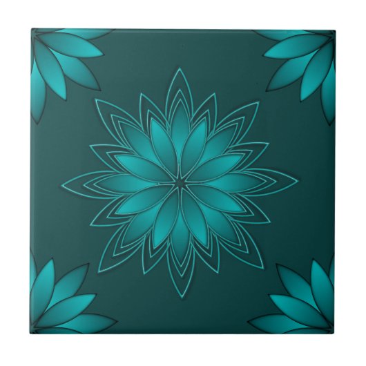 Blaugrüne Blättchen-Mandala-Design auf Dunkelcyan Fliese (Vorderseite)