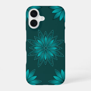 Blaugrüne Blättchen-Mandala-Design auf Dunkelcyan iPhone 16 Hülle