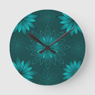 Blaugrüne Blättchen-Mandala-Design auf Dunkelcyan Runde Wanduhr