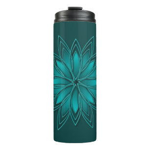 Blaugrüne Blättchen-Mandala-Design auf Dunkelcyan Thermosbecher