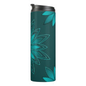 Blaugrüne Blättchen-Mandala-Design auf Dunkelcyan Thermosbecher (Nach rechts gedreht)