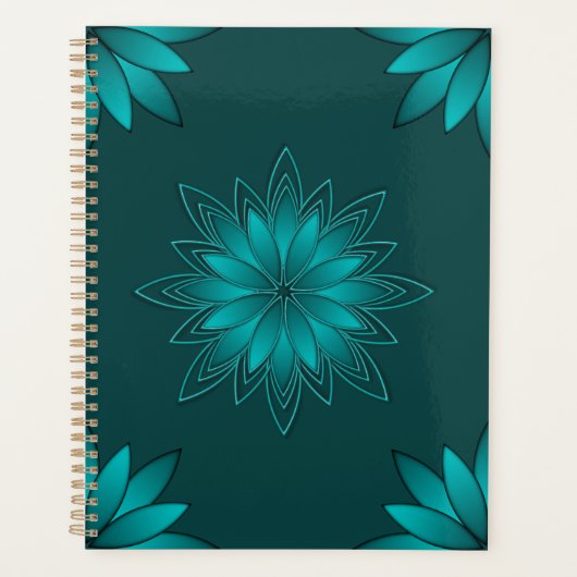 Blaugrüne Blättchen-Mandala-Design auf Dunkelzyan Planer (Vorderseite)