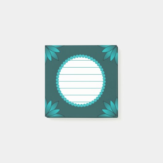 Blaugrüne Blättchen-Mandala-Design auf Dunkelzyan Post-it Klebezettel (Vorderseite)