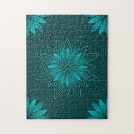 Blaugrüne Blättchen-Mandala-Design auf Dunkelzyan Puzzle