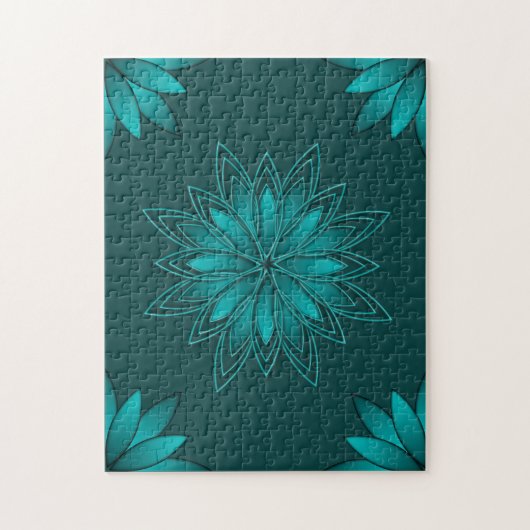 Blaugrüne Blättchen-Mandala-Design auf Dunkelzyan Puzzle (Vertikal)