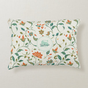 Blaugrüne Blätter im Vintage-Stil & oranges Blumen Dekokissen