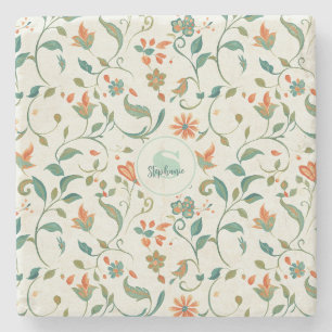 Blaugrüne Blätter im Vintage-Stil & oranges Blumen Steinuntersetzer