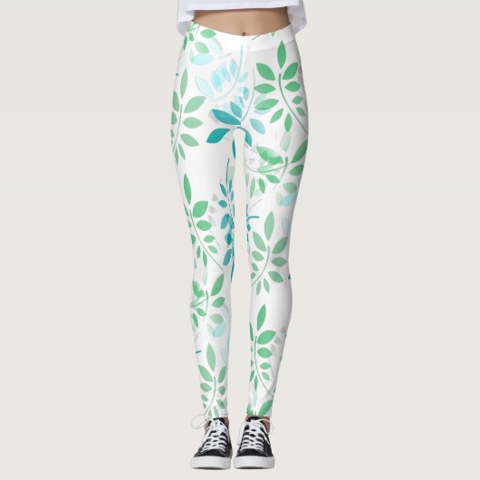 Blaugrüne Blätter Leggings (Vorderseite)