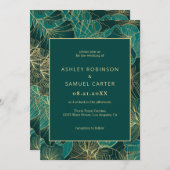 Blaugrüne Blätter mit Goldene Hochzeit Einladung (Vorne/Hinten)