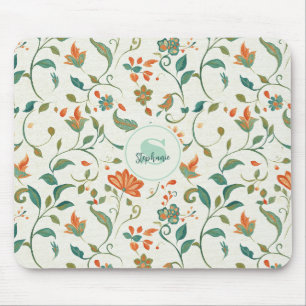 Blaugrüne Blätter & Orangefarbenes Blumenmuster im Mousepad