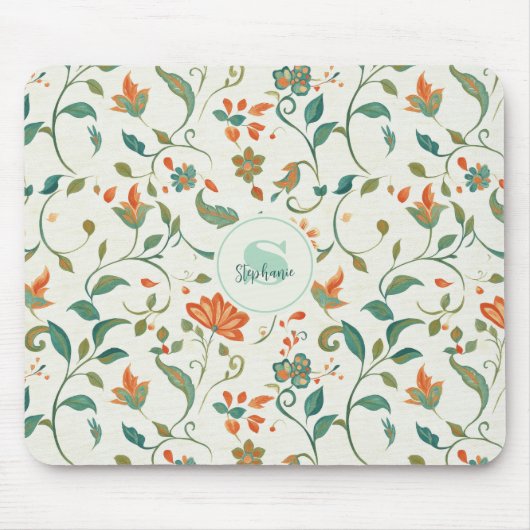 Blaugrüne Blätter & Orangefarbenes Blumenmuster im Mousepad (Vorne)