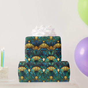 Blaugrüne, blaue und goldene Pfauen-Buntglas-Dekor Geschenkpapier