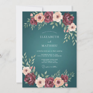 Blaugrüne Bordeaux Botanische Aquarell-Hochzeit Einladung