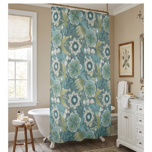 Blaugrüne Florale Boho Botanische Muster Duschvorhang