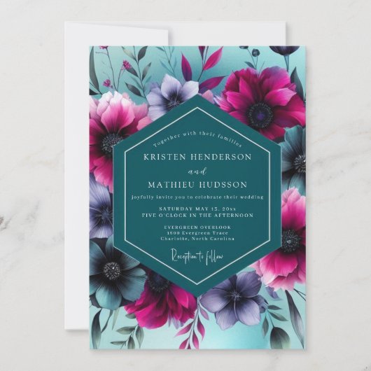 Blaugrüne Florale Traumhochzeit Einladung (Vorderseite)