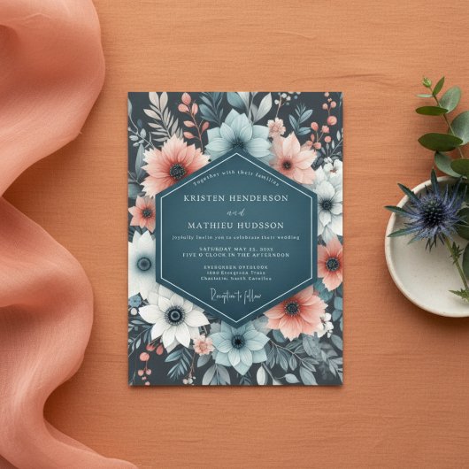 Blaugrüne Florale Traumhochzeit Einladung
