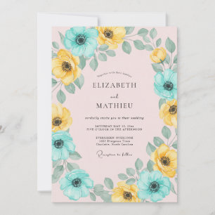 Blaugrüne Gelbe Blumige Hochzeitsbogen Einladung