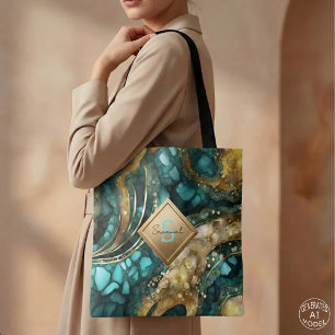 Blaugrüne Gold Achat Geode Murmel Monogramm Name Tasche