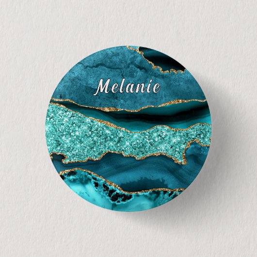 Blaugrüne Gold Glitter Marmor Namensbutton Button (Vorderseite)
