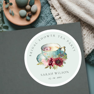 Blaugrüne Goldene Blumen Teetasse Brautparty Teepa Runder Aufkleber