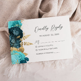 Blaugrüne Goldene Florale Moderne Schrift Hochzeit RSVP Karte