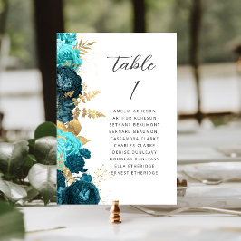 Blaugrüne Goldene Florale Moderne Schrift Hochzeit Tischnummer