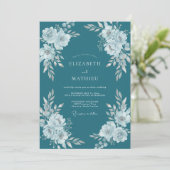 Blaugrüne Hochzeit mit Blumenmuster Einladung (Stehend Vorderseite)