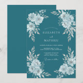 Blaugrüne Hochzeit mit Blumenmuster Einladung (Vorne/Hinten)