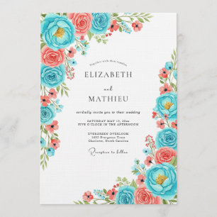 Blaugrüne Korallen-Blumen-Hochzeit im Whimsy-Stil Einladung