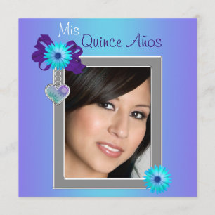 Blaugrüne Lila Gänseblume Foto Quinceanera Einladung