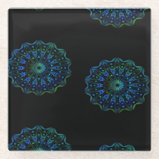 Blaugrüne Mandala Glasuntersetzer (Vorderseite)