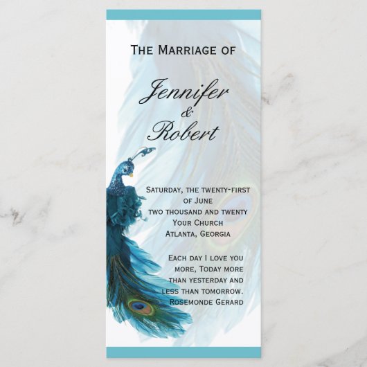 Blaugrüne Pfauenfeder Hochzeitsprogramm Programm (Vorderseite)
