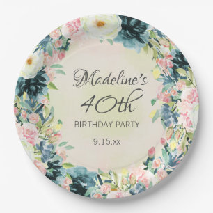 Blaugrüne Pink Creme Blumen Frauen 40. Geburtstag Pappteller