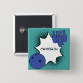 Blaugrüne Pop-Art-Bowling-Namensschild Button (Vorne & Hinten)