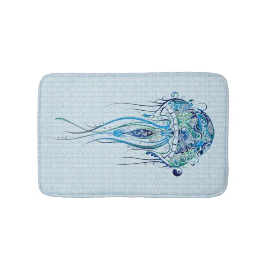 Blaugrüne Retro-Qualle über blauem Hintergrund 2 Badematte (Vorderseite)